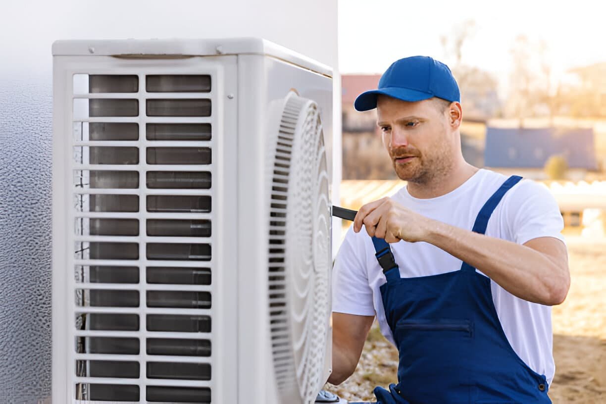 Technician performing AC repair on residential unit in Cutler Bay
