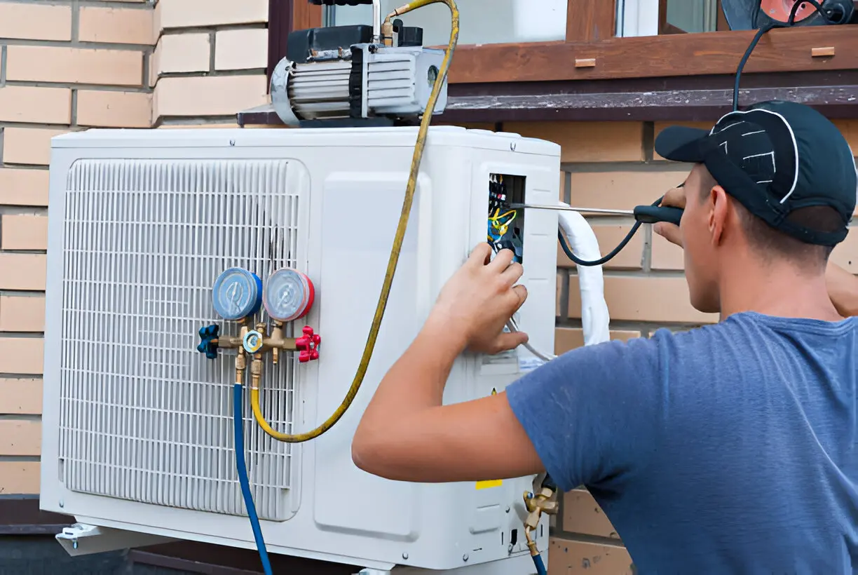 Certified technician performing AC repair on residential cooling system