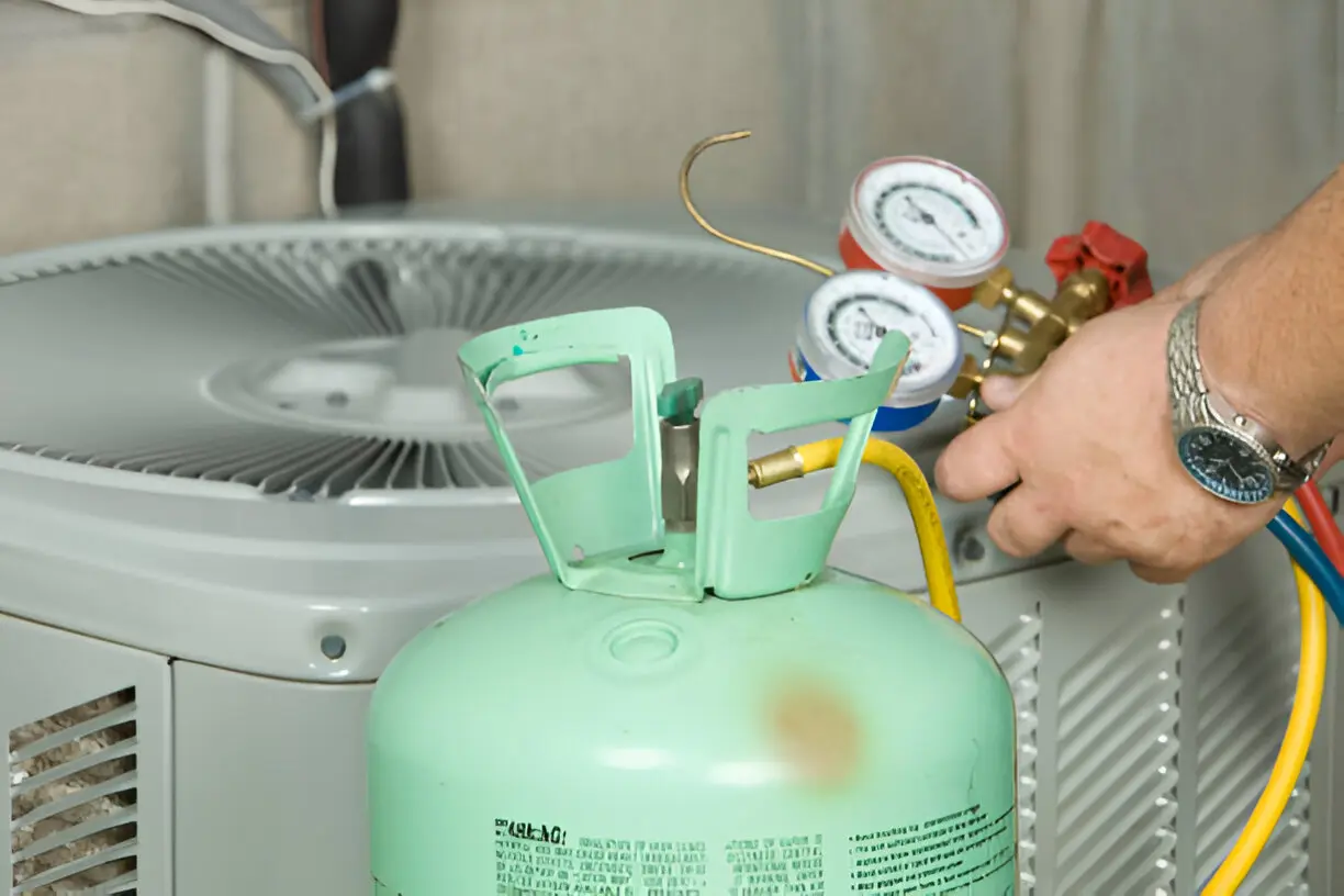 Expert technician completing professional AC repair and parts replacement