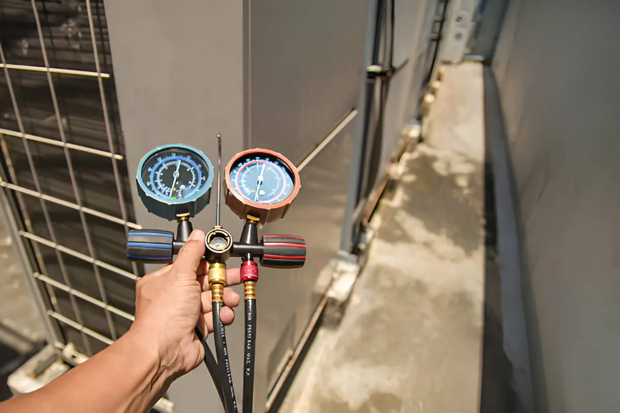 Technician servicing an air conditioning unit for optimal performance